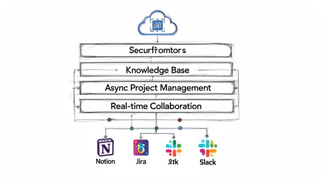 Diagram illustrates an AI-powered cloud platform, integrating knowledge base, project management, and real-time collaboration tools like Notion, Jira, and Slack.