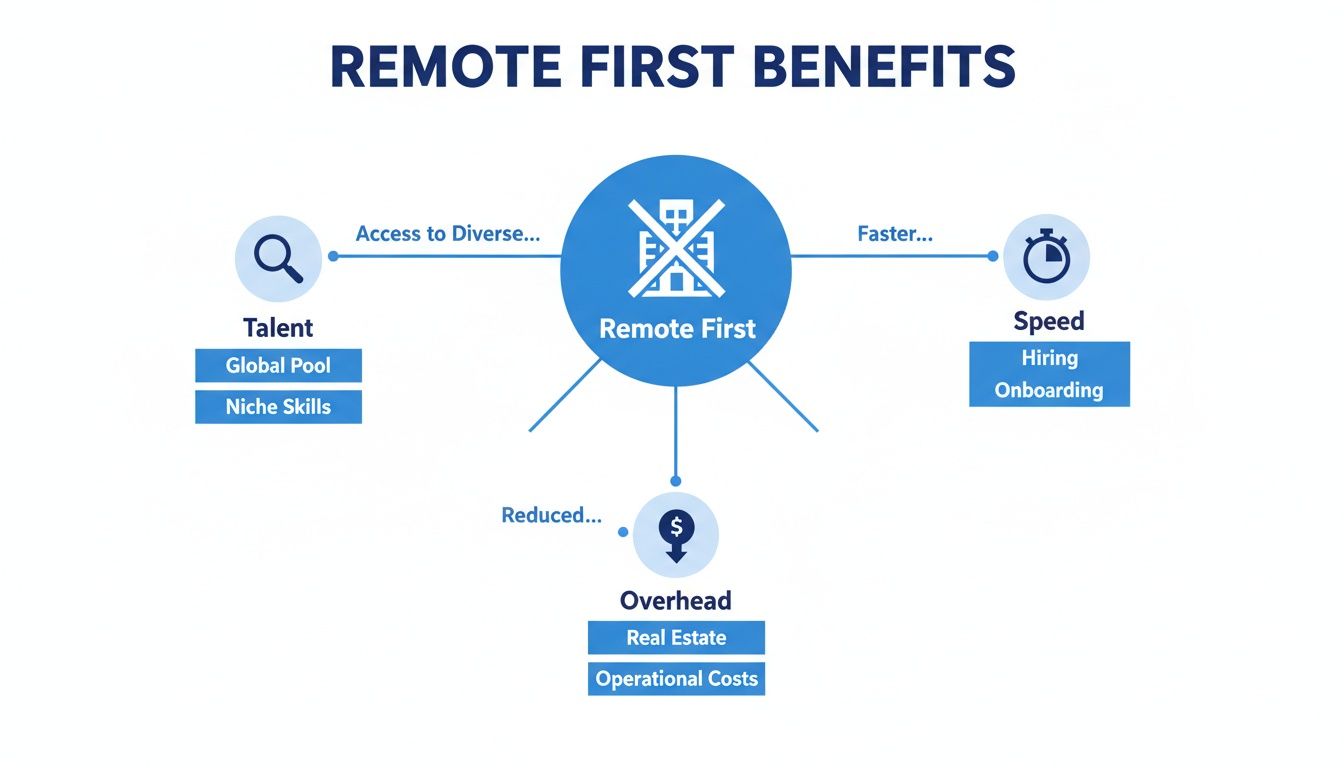 Infographic showing the benefits of a remote-first company model, including access to diverse talent, faster speed, and reduced overhead.