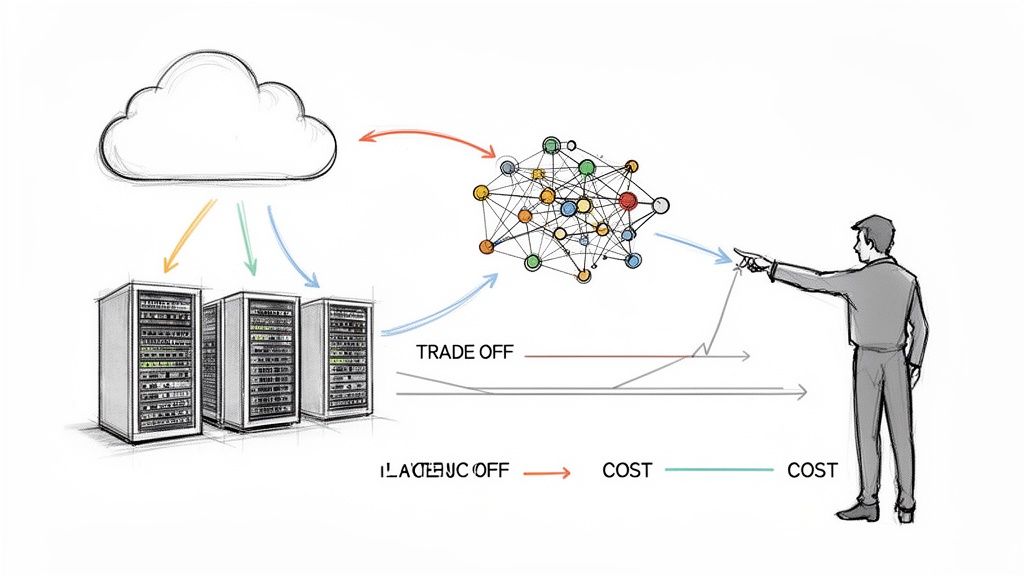 A diagram illustrating cloud computing, server racks, a network, and a person analyzing trade-offs and cost.