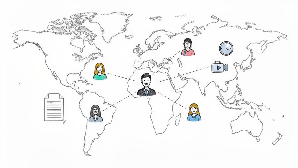 A hand-drawn world map illustrates global team collaboration with diverse people and communication icons.