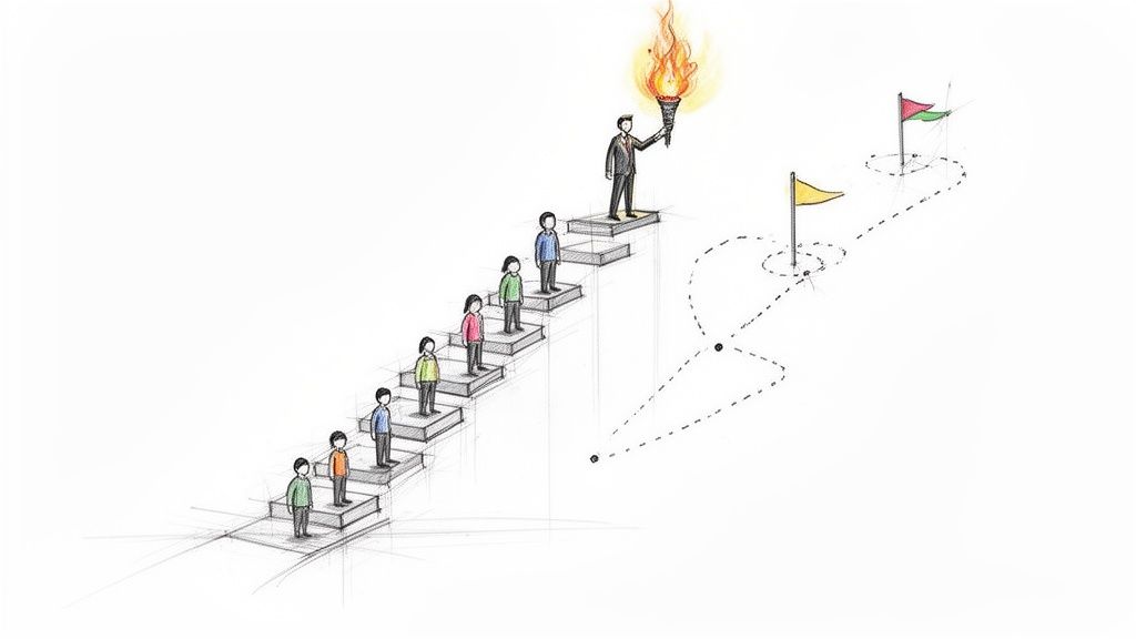 A leader with a torch guides people up stairs made of books towards distant flag goals.