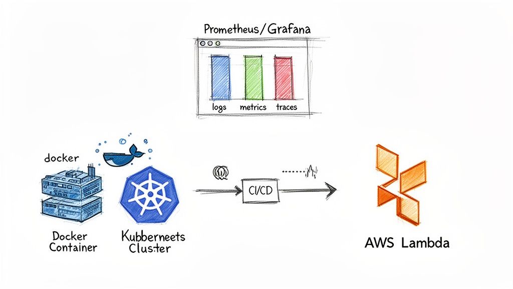 Diagram illustrating cloud-native development technologies: Docker, Kubernetes, CI/CD, AWS Lambda, and Prometheus/Grafana monitoring.