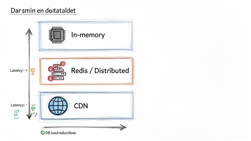 Diagram illustrating caching layers: in-memory, Redis/distributed, and CDN, showing decreasing latency and increasing DB load reductions.