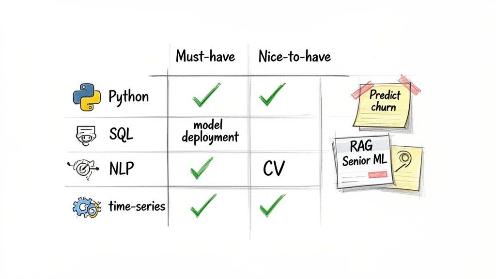 Data scientist skills matrix outlining must-have and nice-to-have proficiencies like Python, SQL, and NLP.
