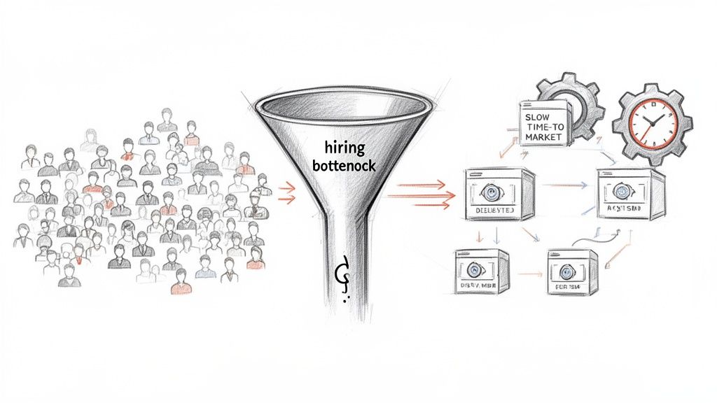 Illustration of a hiring bottleneck funnel reducing many candidates to slow output and delayed time-to-market.