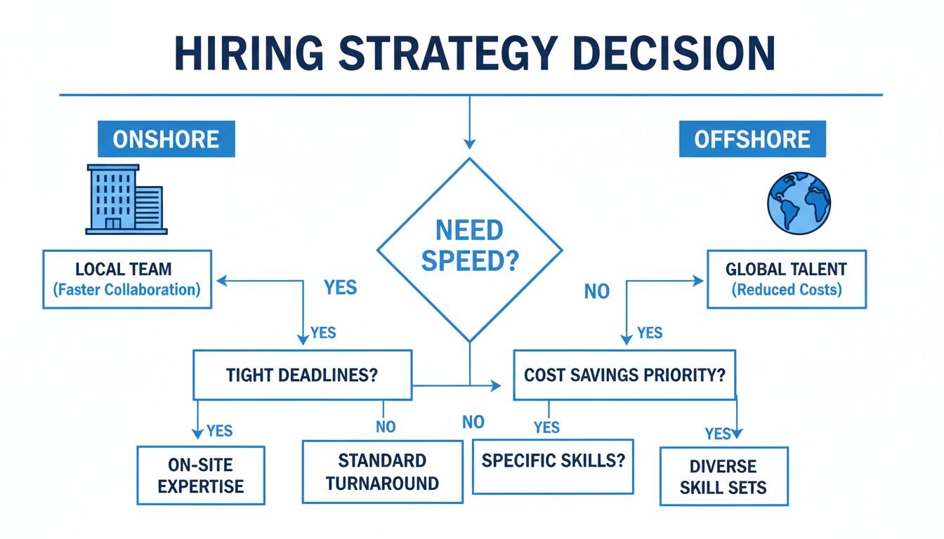 Flowchart illustrating hiring strategy decisions for onshore vs. offshore, considering speed, cost, and skills.