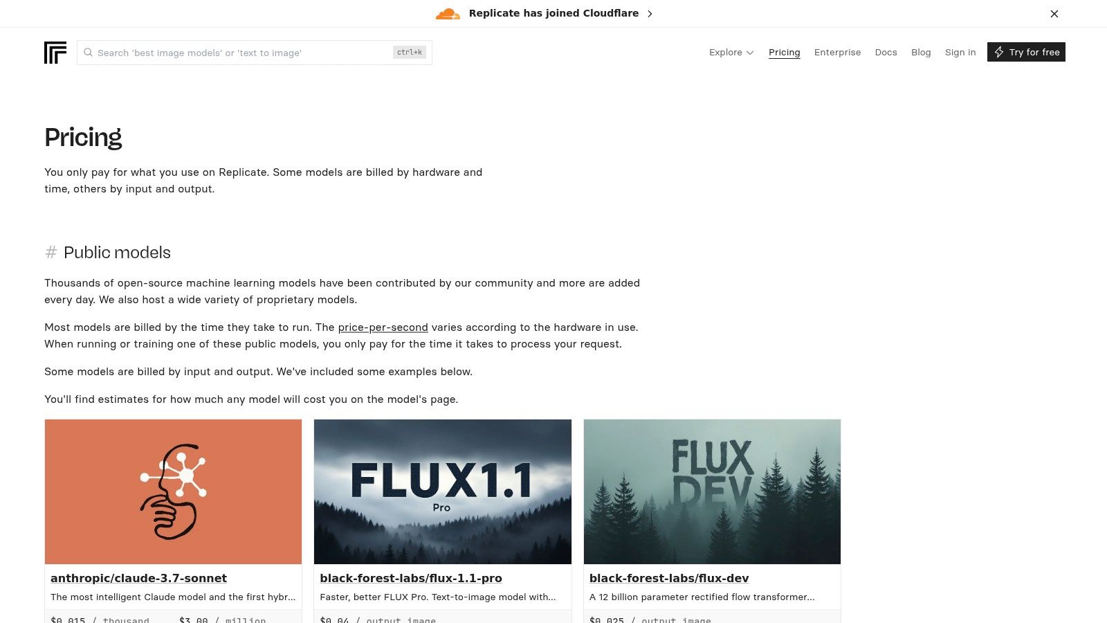 A screenshot of the Replicate pricing page showing per-second and per-hour rates for various NVIDIA GPUs like the T4, L40S, and A100, which highlights its transparent cost model.