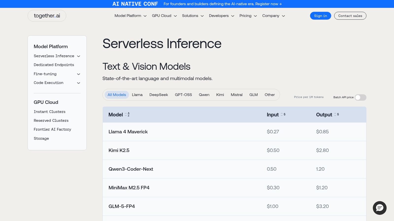 A screenshot of the Together AI pricing page showing a list of different AI models with their respective costs for context, input, and output, which illustrates the cost structure for users.