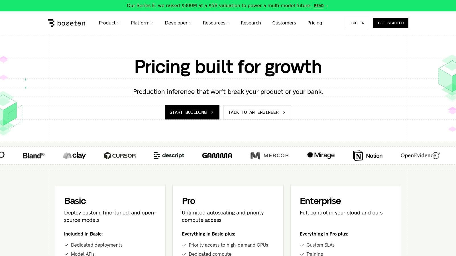 A screenshot of the Baseten pricing page showing different tiers like Developer, Pro, and Enterprise, illustrating the platform's scalable offerings.