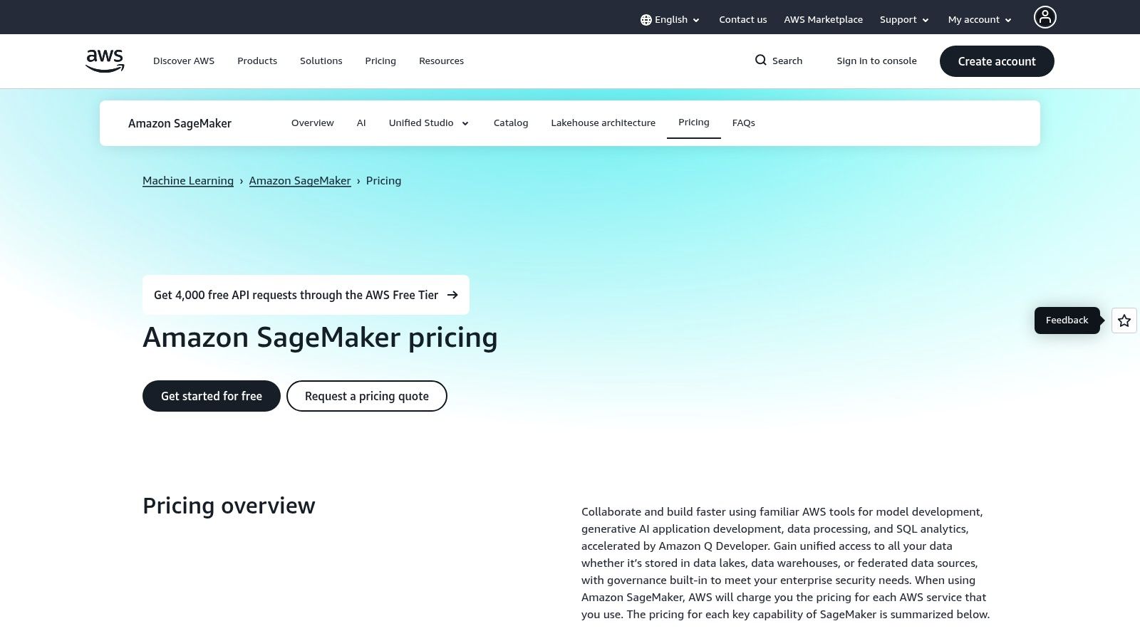 A screenshot of the Amazon SageMaker pricing page showing different options like on-demand pricing and savings plans, which illustrates the cost structure for users.