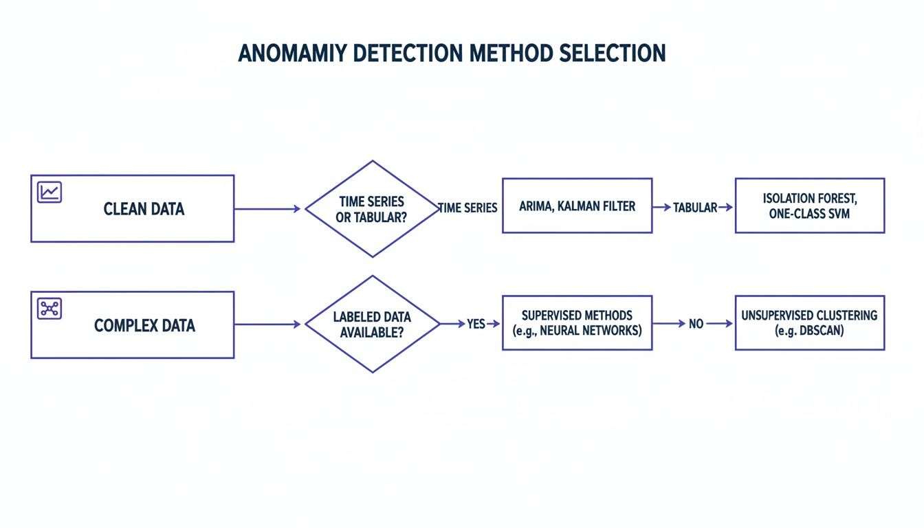 Flowchart guiding anomaly detection method selection based on data type and characteristics.
