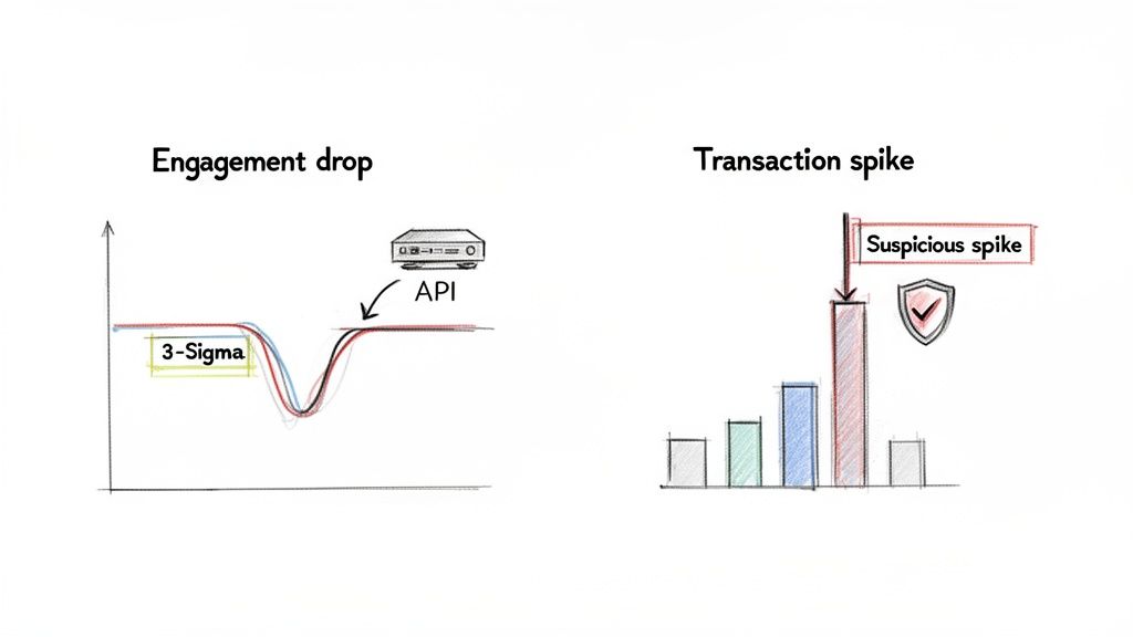Graphs show an engagement drop with a 3-Sigma deviation and a suspicious transaction spike.