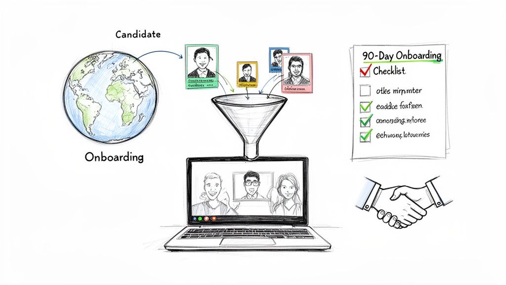 Illustration showing global candidates funneling into a remote onboarding process with video calls, a checklist, and a handshake.