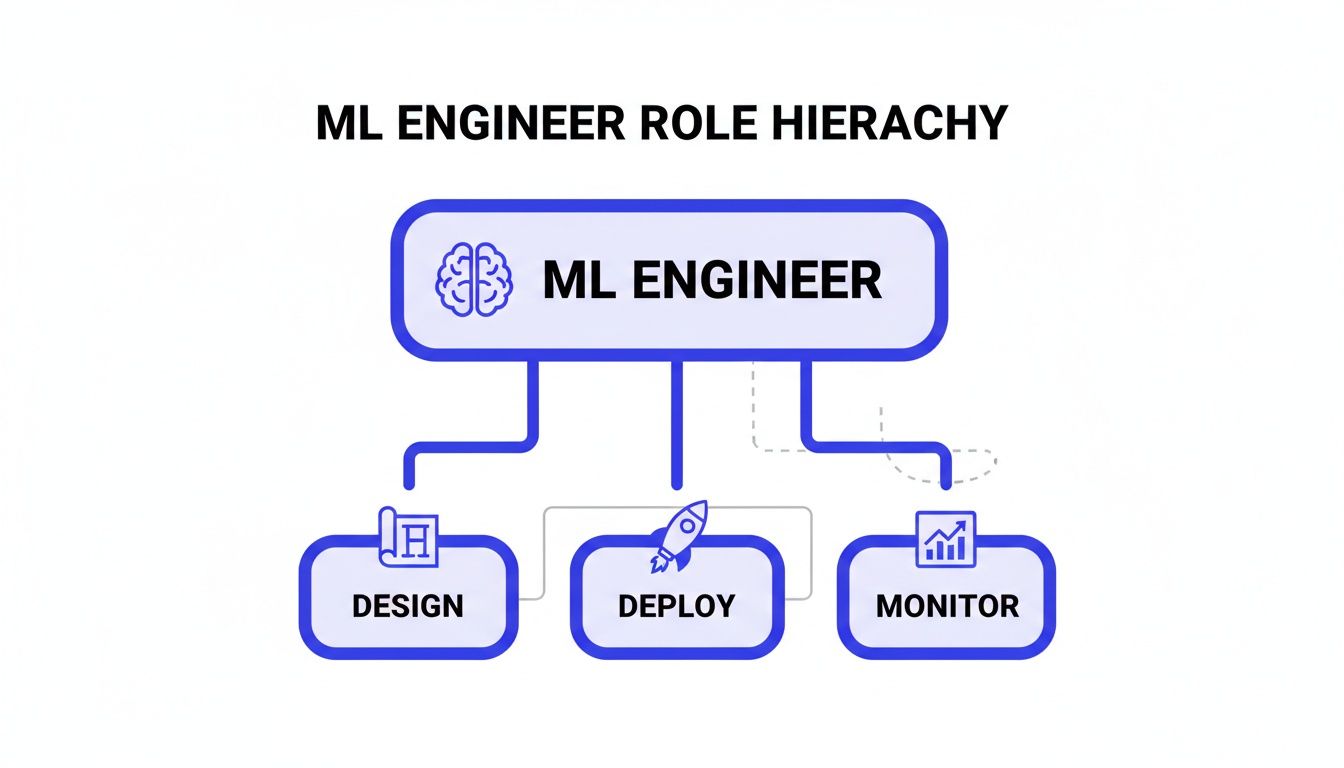 An ML Engineer role hierarchy illustrating responsibilities: design, deploy, and monitor machine learning models.