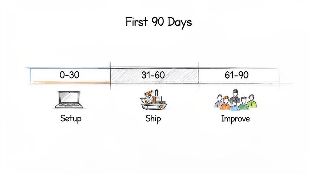 Timeline illustrating the first 90 days with phases: Setup (0-30), Ship (31-60), and Improve (61-90).