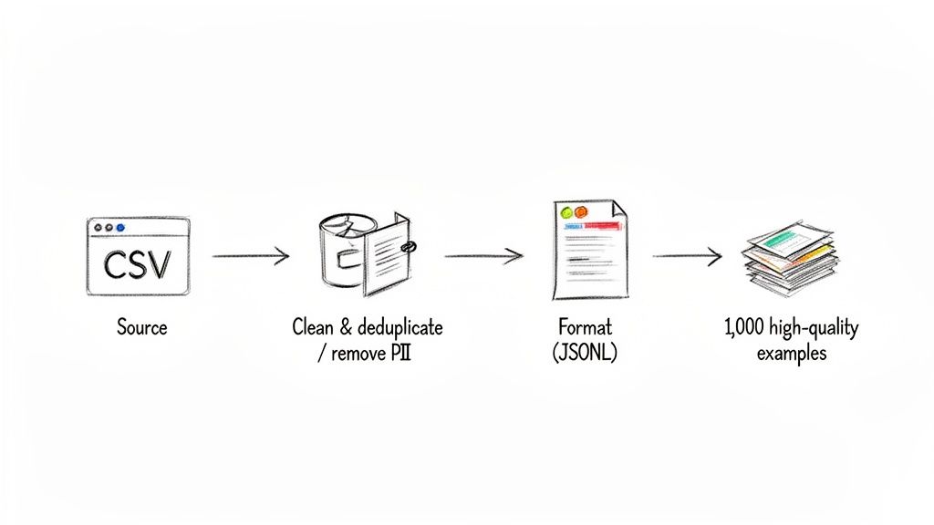 A flowchart showing the process of cleaning, deduplicating, and formatting CSV data into 1,000 high-quality JSONL examples.