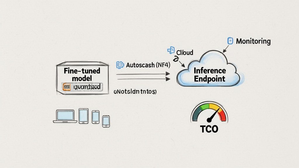 Diagram showing a quantized fine-tuned model deployed to a cloud inference endpoint with monitoring, optimizing TCO.
