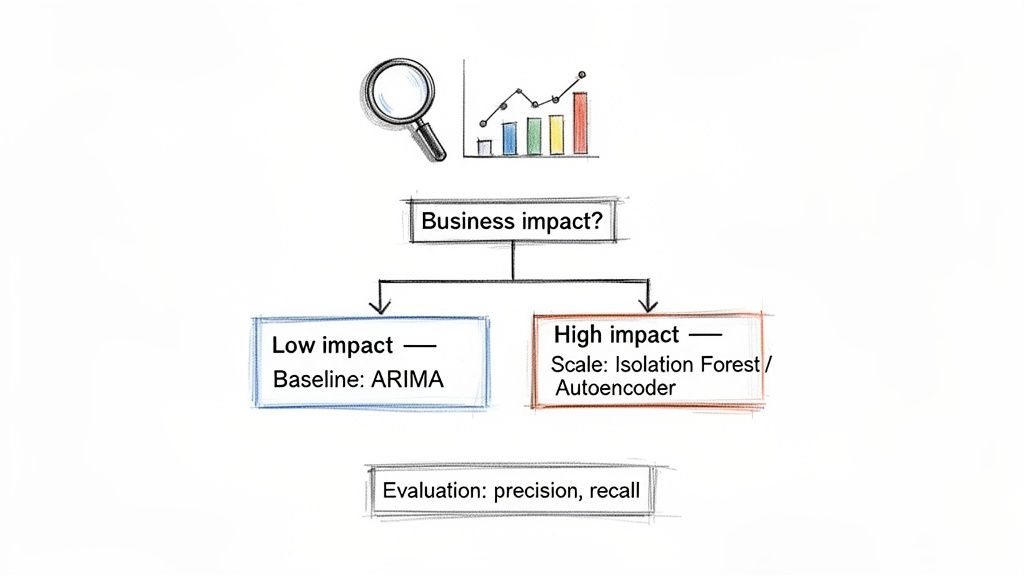 A flowchart illustrating anomaly detection strategies based on business impact, using various machine learning models.