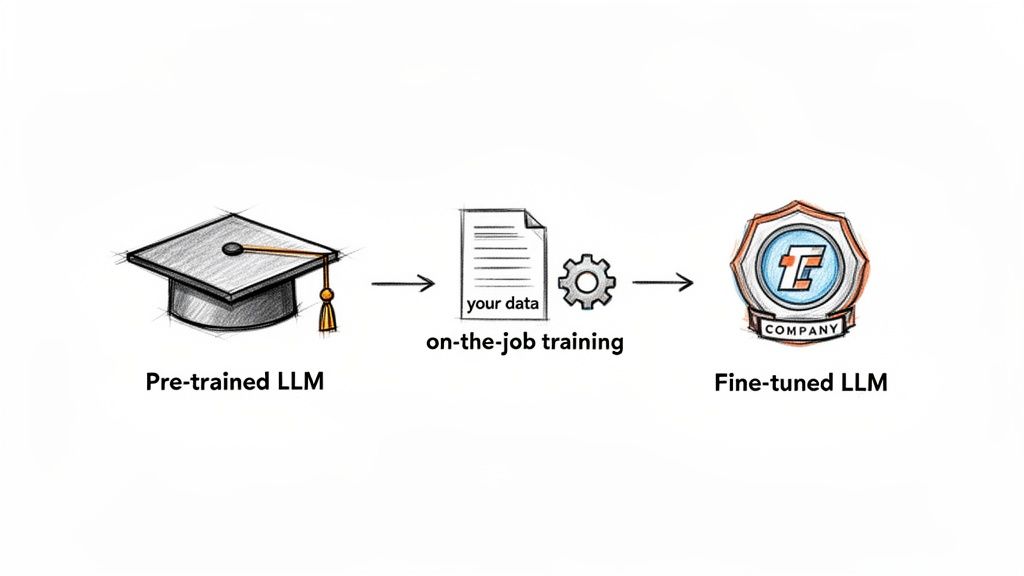 Diagram illustrating LLM fine-tuning: pre-trained model, custom data training, resulting in a fine-tuned company LLM.