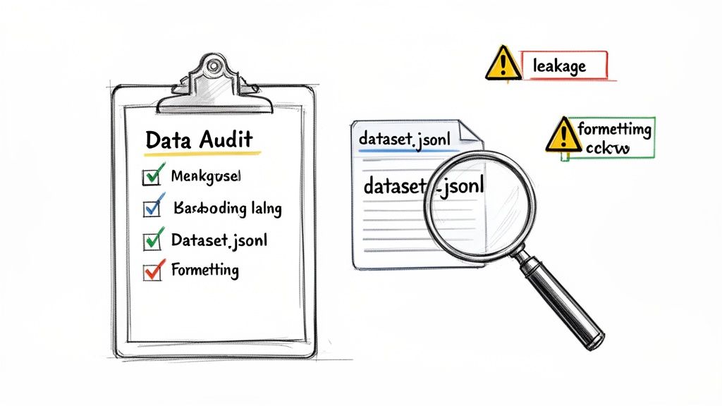 A hand-drawn illustration showing a data audit checklist, a dataset file, and warning signs.