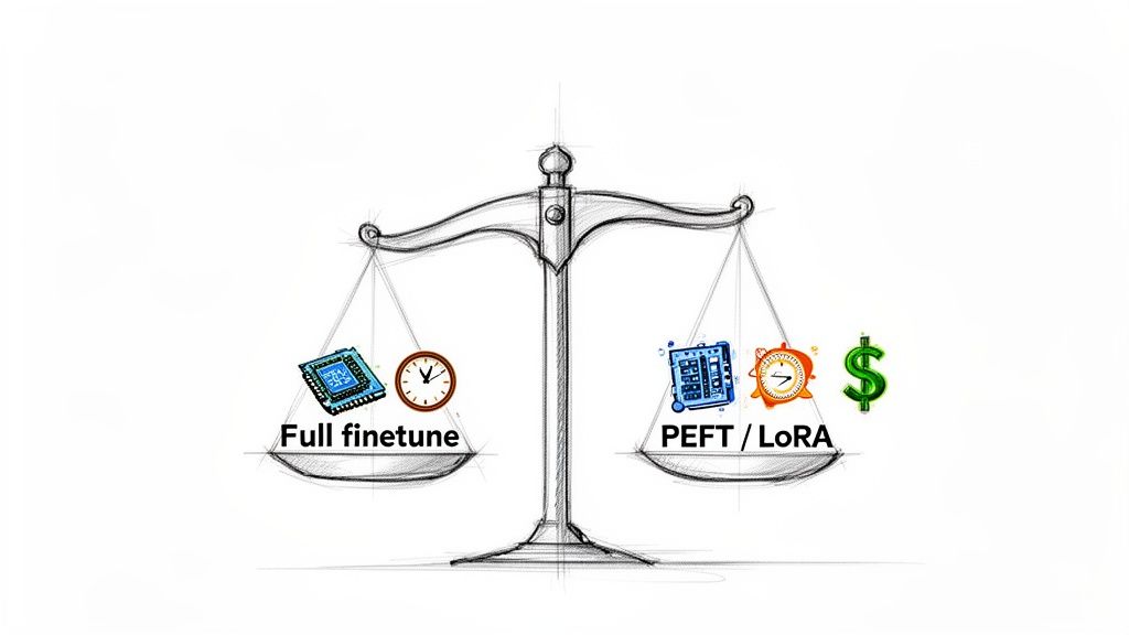 A sketch of a balance scale comparing full finetuning with PEFT/LoRA and their resource costs.