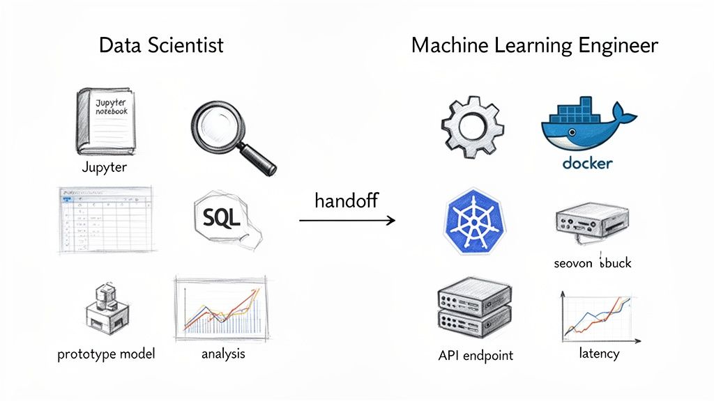 Diagram comparing Data Scientist and Machine Learning Engineer roles, tools, and outputs, illustrating their handoff process.