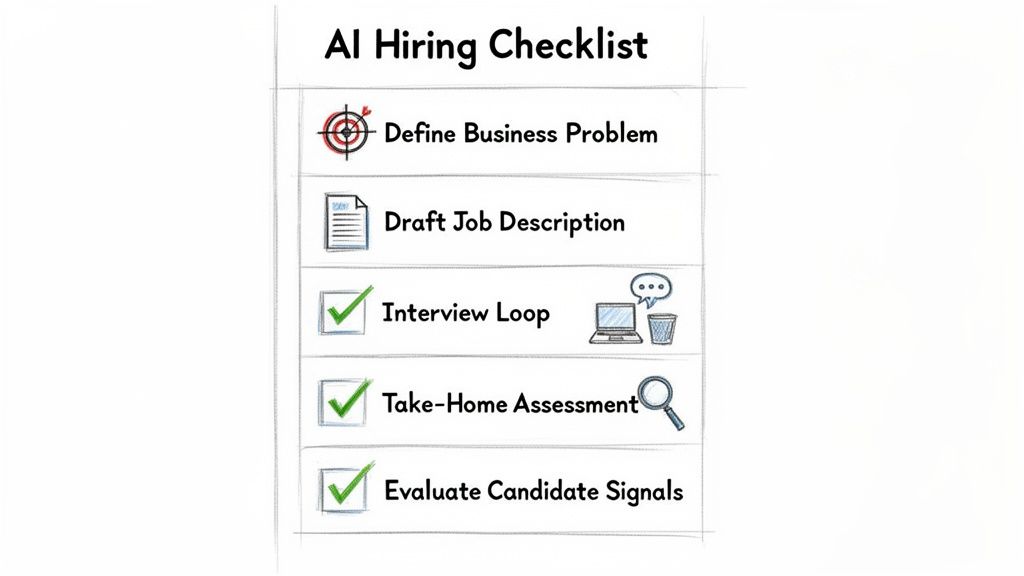 AI Hiring Checklist detailing steps including defining business problems, drafting job descriptions, interviews, assessments, and evaluating signals.
