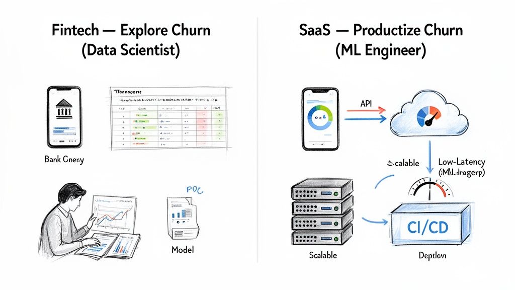 Illustration comparing a data scientist exploring churn in Fintech to an ML engineer productizing churn in SaaS.
