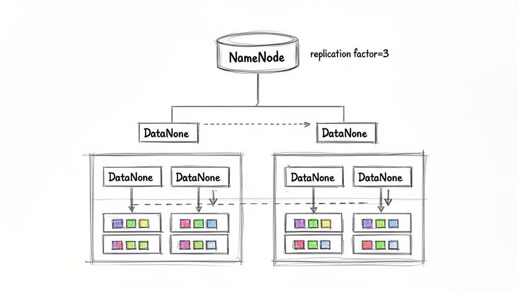 Diagram showing Hadoop Distributed File System (HDFS) architecture with NameNode, DataNodes, and data replication.