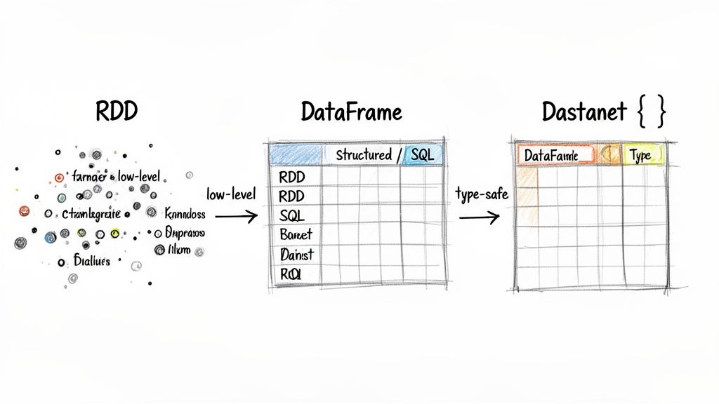 Flowchart illustrating the progression from low-level RDDs to DataFrames and type-safe Dastanet for data processing.