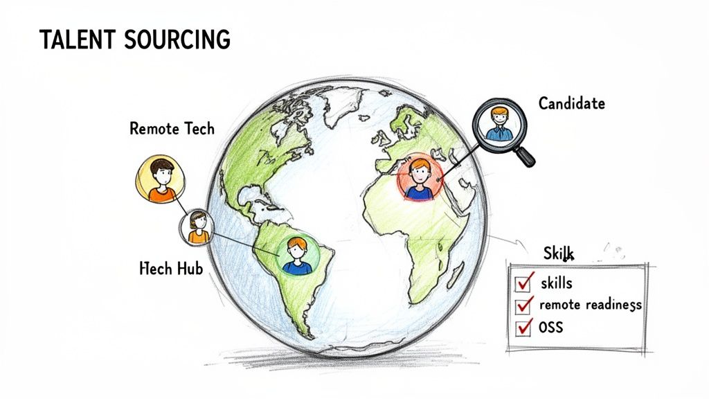 Global talent sourcing diagram illustrating remote tech, hiring hubs, candidates, and key skill requirements.