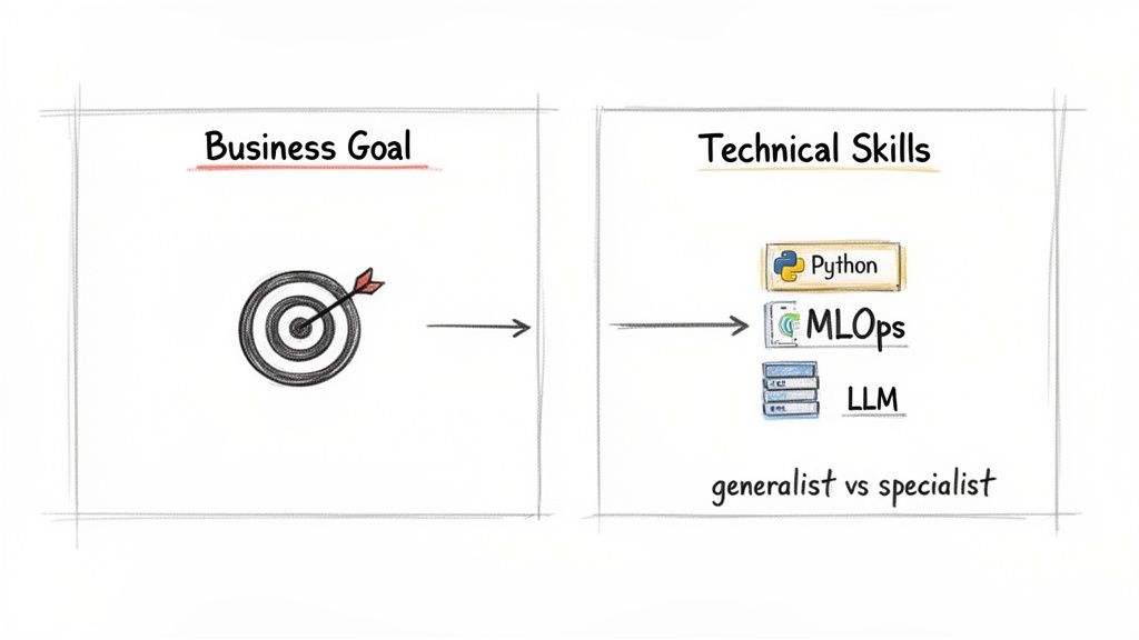 Diagram showing business goals leading to technical skills like Python, MLOps, and LLM, comparing generalist vs specialist roles.