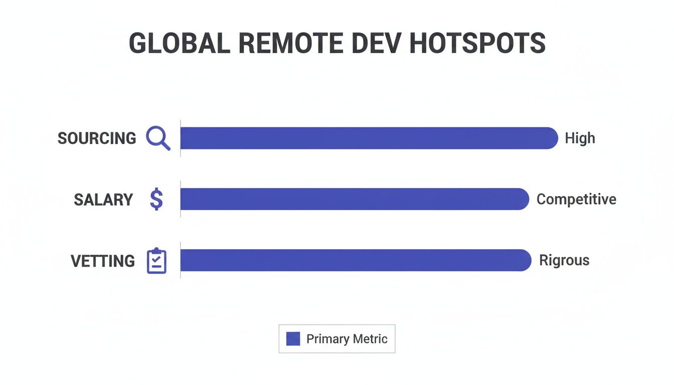 Bar chart illustrating global remote dev hotspots with high sourcing, competitive salary, and rigorous vetting.