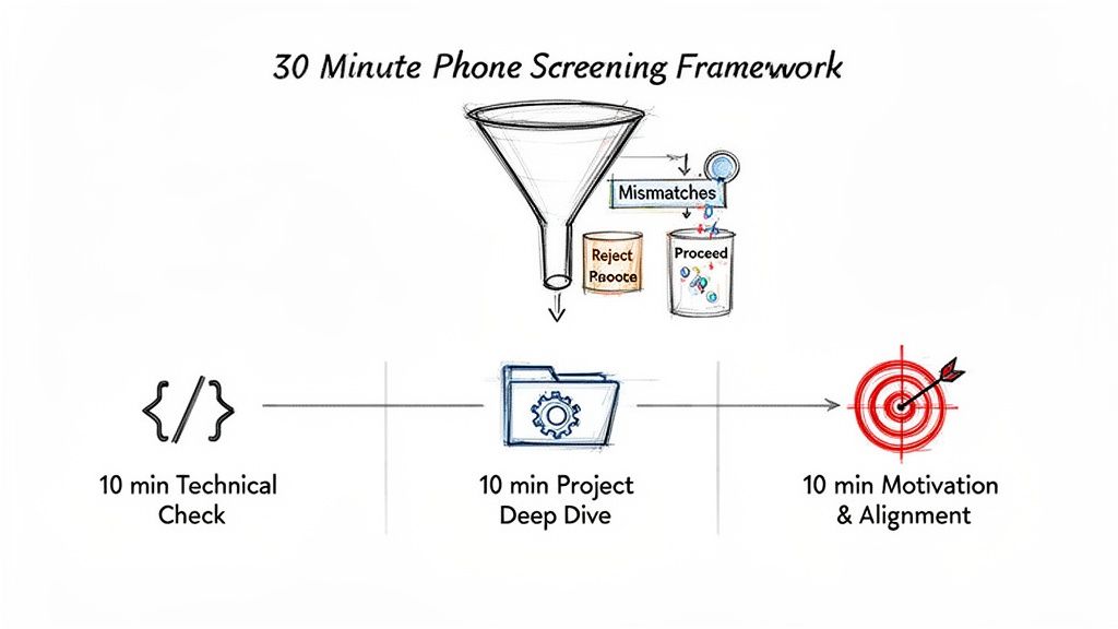 A 30-minute phone screening framework with a funnel for filtering and three 10-minute interview stages.