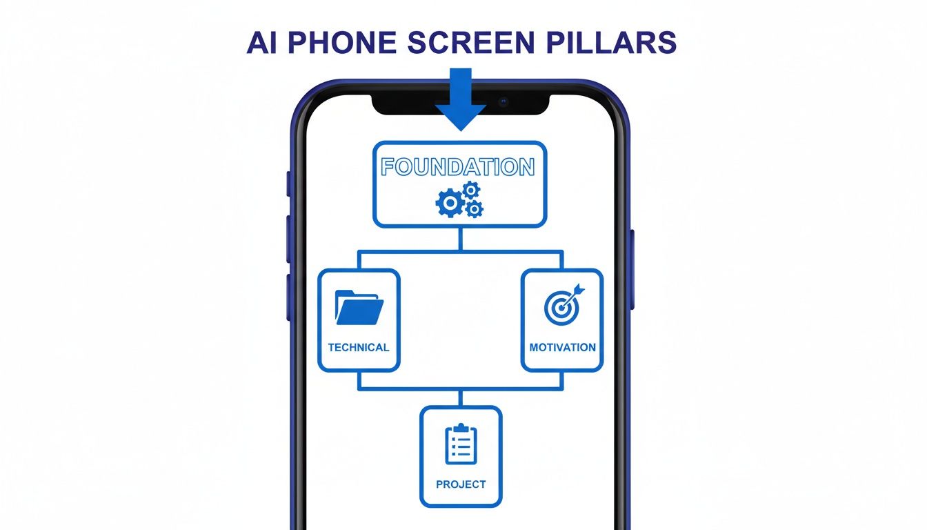 A diagram on a smartphone screen showing AI phone screen pillars: Foundation, Technical, Motivation, and Project.
