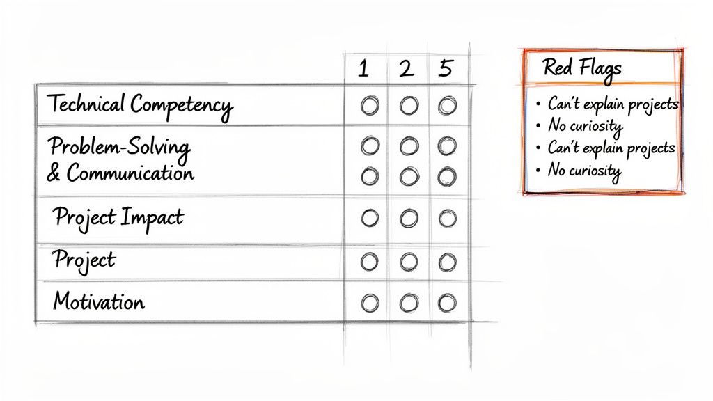 A handwritten phone screening interview rubric showing skill categories and common red flags.