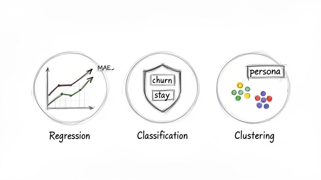 Three data analysis techniques: Regression with a line graph, Classification for churn/stay, and Clustering for personas.