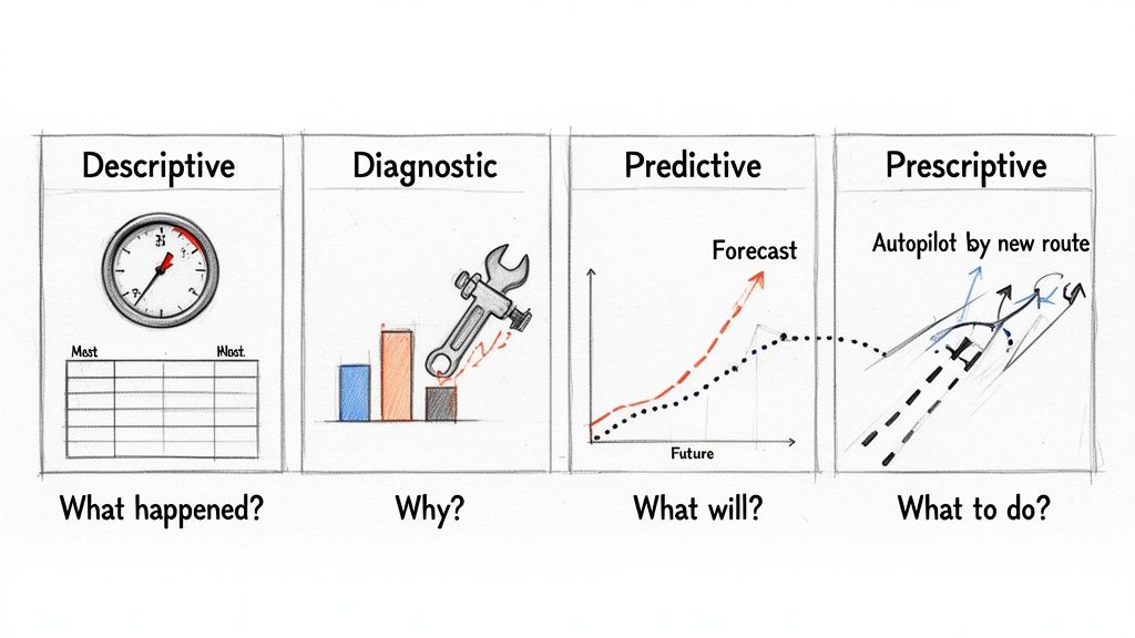 An illustration showing four types of data analytics: descriptive, diagnostic, predictive, and prescriptive.