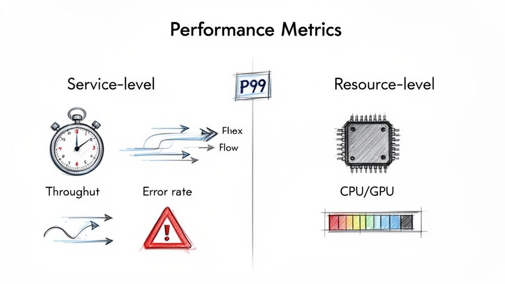 Diagram showing performance metrics: service-level (throughput, error rate) and resource-level (CPU/GPU, utilization) with P99.