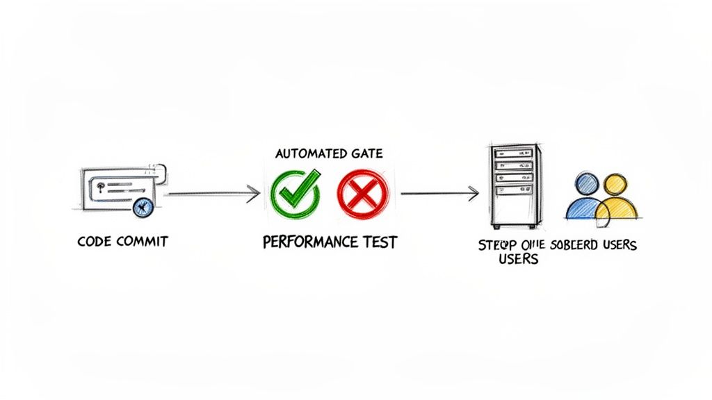 Diagram illustrating code commit, automated performance testing gate, and subsequent deployment to users.