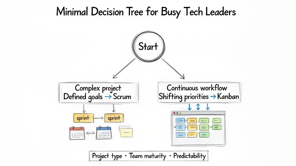 A decision tree guiding tech leaders to choose between Scrum for complex projects or Kanban for continuous workflow.