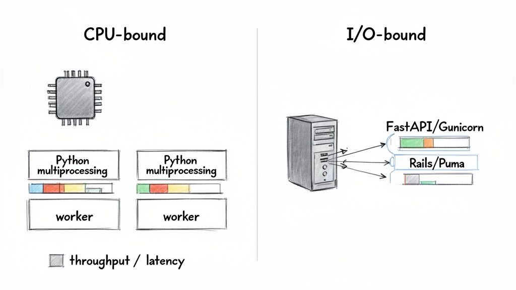 Diagram comparing CPU-bound Python multiprocessing and I/O-bound web frameworks like FastAPI and Rails performance.