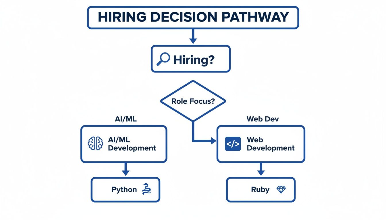 Flowchart illustrating a tech hiring decision pathway, categorizing roles into AI/ML (Python) or Web Dev (Ruby).