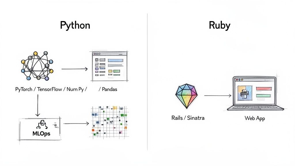 A diagram illustrating the use cases of Python for machine learning and MLOps versus Ruby for web applications.