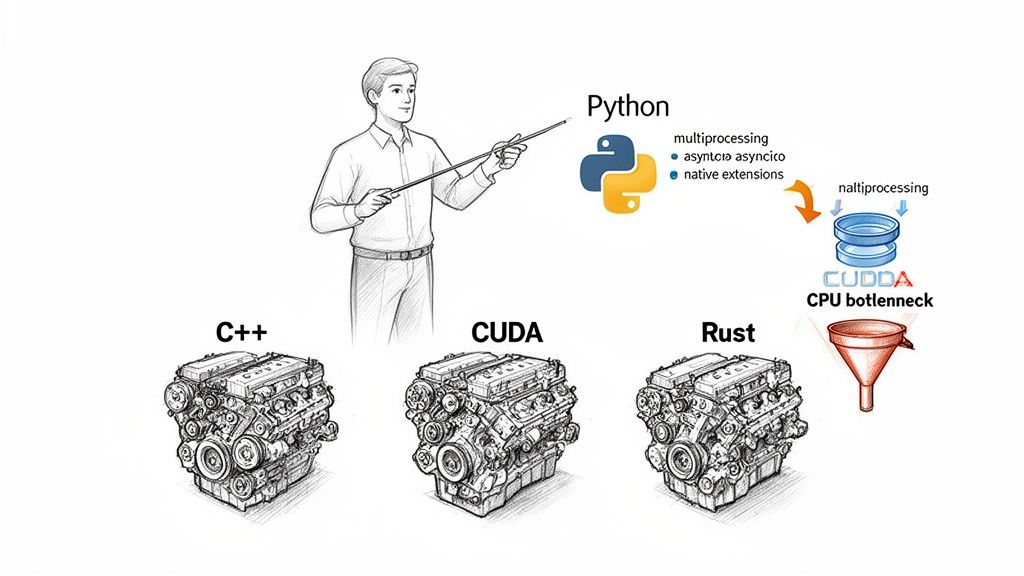 Diagram comparing Python's multiprocessing with C++, CUDA, and Rust for performance, highlighting CPU bottleneck.
