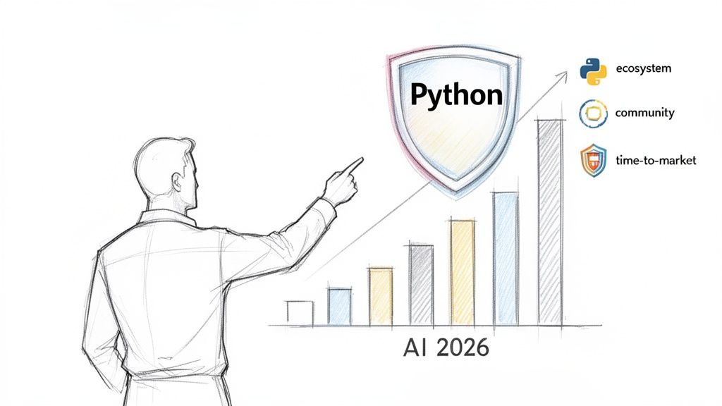 A man points to a bar graph showing Python's growth in AI, highlighting ecosystem, community, and time-to-market.