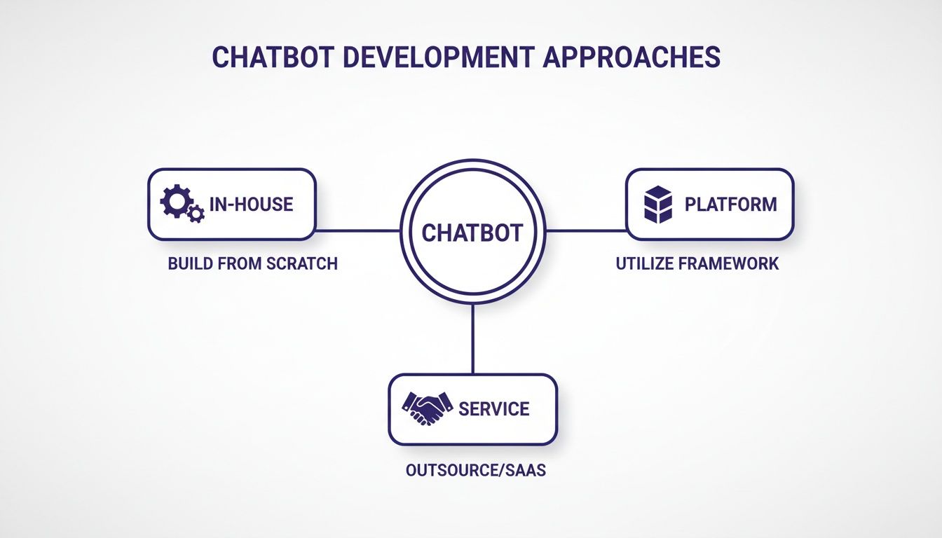 A diagram outlining three chatbot development approaches: in-house, platform, and service, with their respective methods.