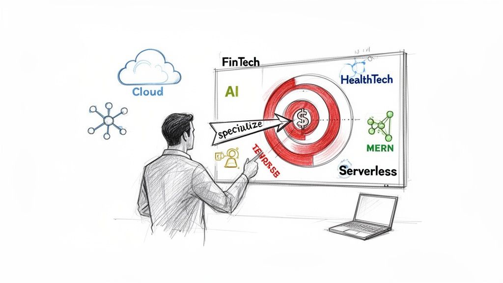 A person points to a whiteboard illustrating tech specialization, including AI, FinTech, and Cloud concepts.