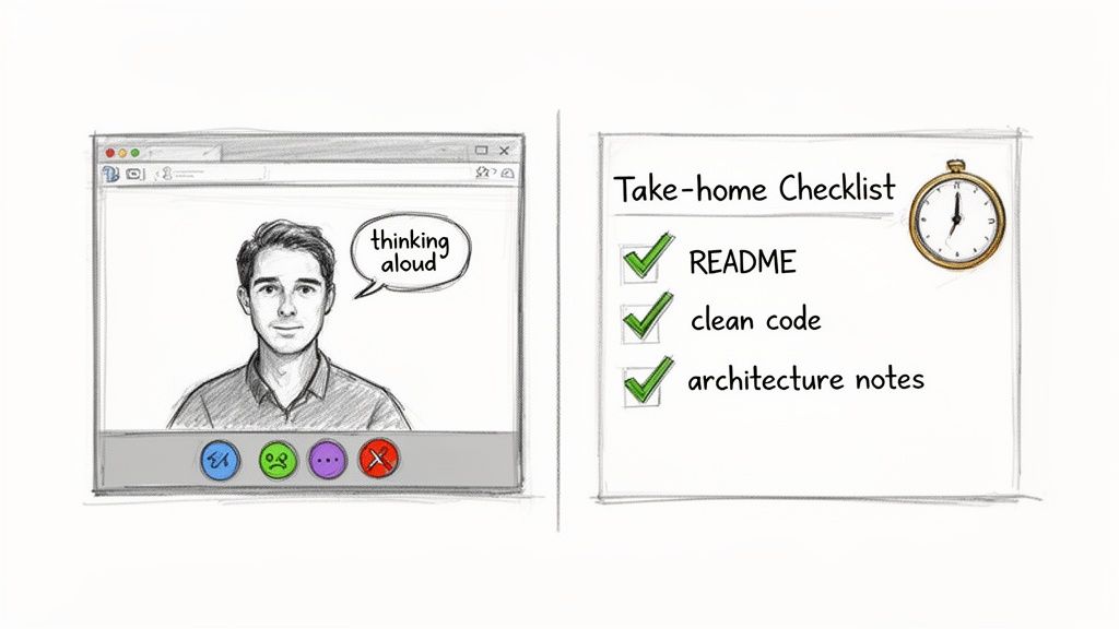 A man in a video call thinking aloud, next to a checklist for project documentation.