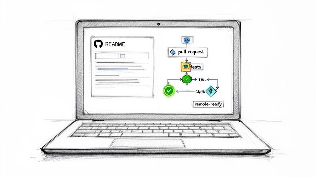 A sketched laptop displaying a GitHub README and a software development workflow with CI/CD stages.